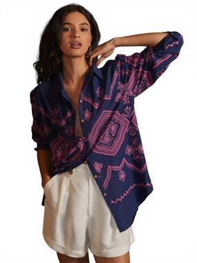 Anthropologie Shirt Women Blue Embroidered Relaxed Button Up Size S